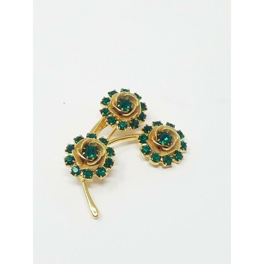 Vtg flower bouquet‎ brooch pin gold tone green rhinestone beads florentine boho